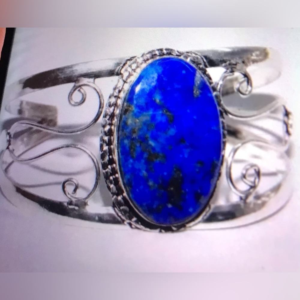 Lapis Lazuli Stamped 925 Sterling Silver Cuff Bracelet